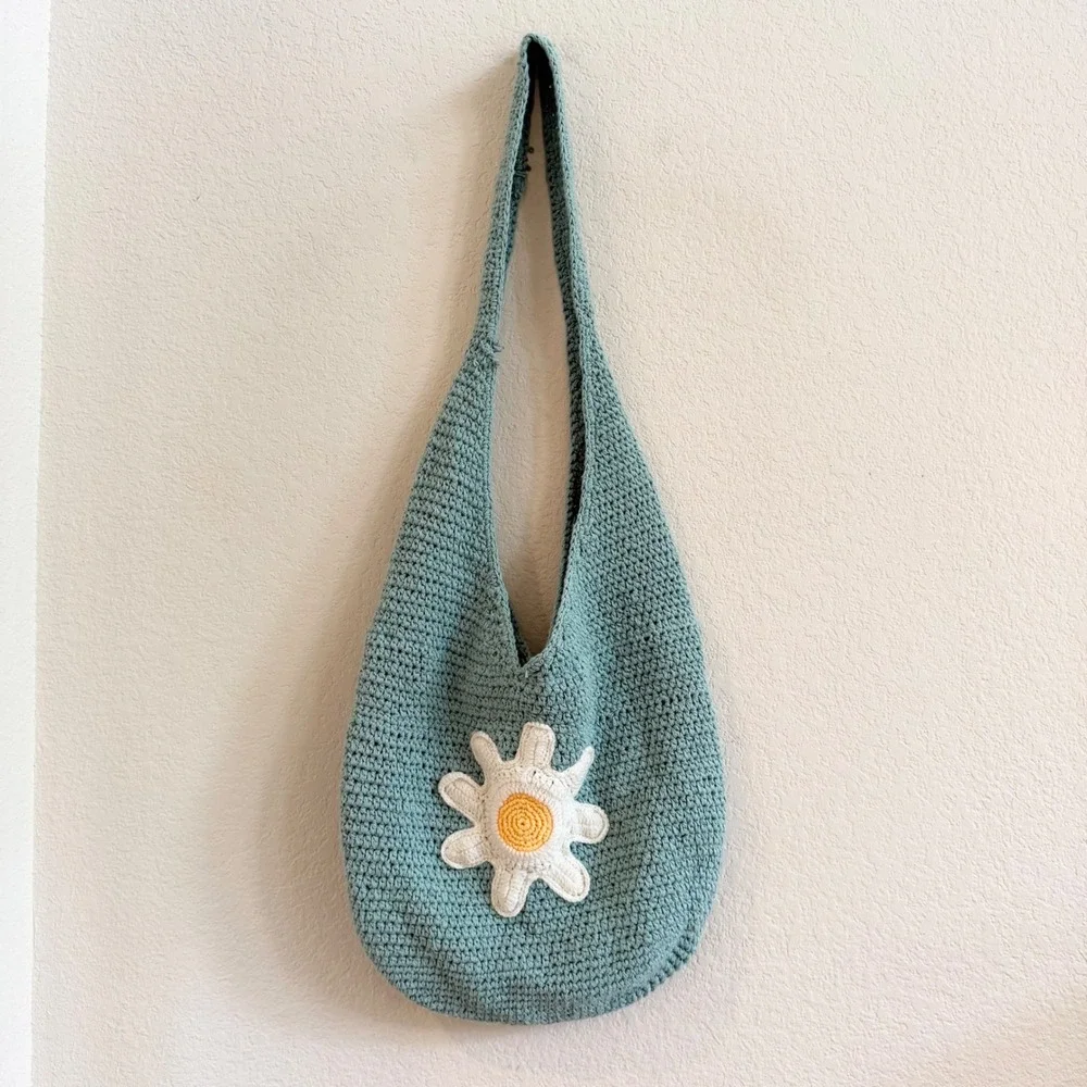 Handmade Crochet Daisy Hobo Bag Sage‎ Green Boho Flower Shoulder Tote Slouchy